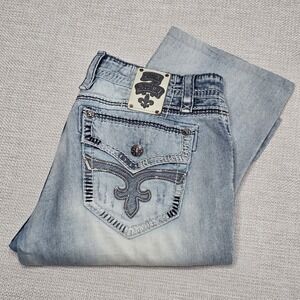Rock Revival Xan Relaxed Straight Distressed Rockabilly Denim Jeans Men Sz 38